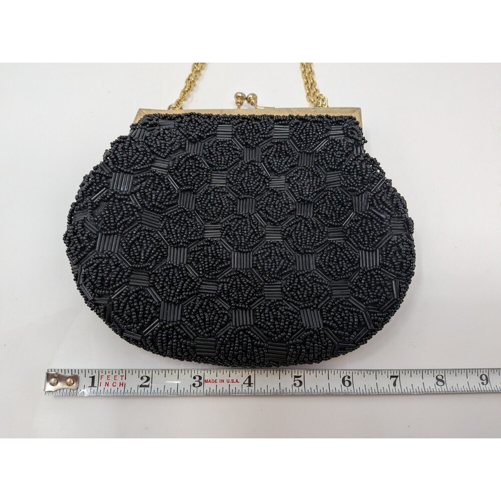 Vintage Black Beaded Evening Bag Handmade Hong Kong Gold Kiss Clasp Old Money - Picture 7 of 9